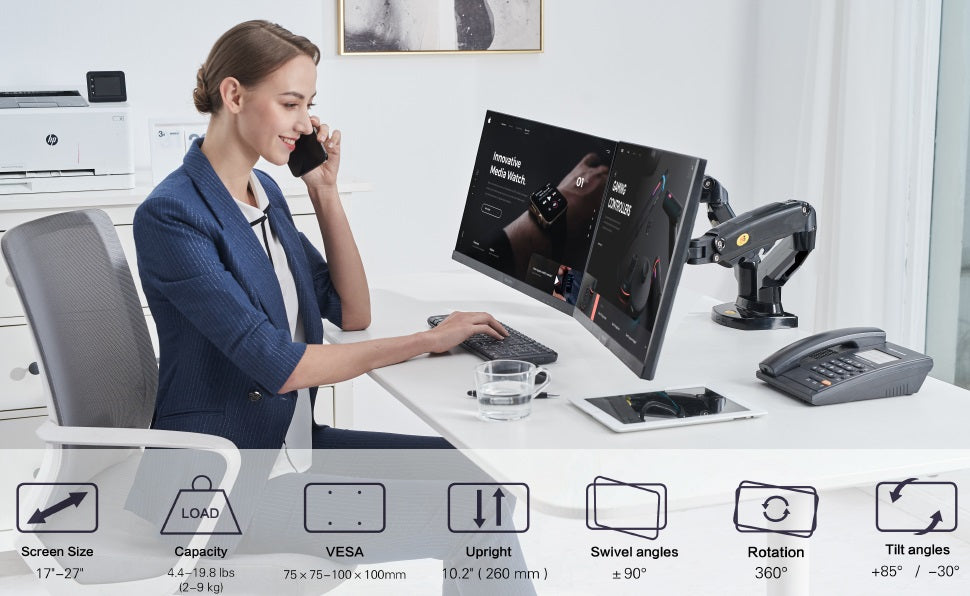 Dual Monitor Desk Mount Stand Gas Spring 360 Degree Full Rotation ; Computer Monitor Arm for Two Screens 17″ – 27″ Inch with 2~9 Kg Load Capacity for Each Display ; F160 Dual Monitor Desk Mount Stand Gas Spring 360 Degree Full Rotation ; Computer Monitor Arm for Two Screens 17″ – 27″ Inch with 2~9 Kg Load Capacity for Each Display ; F160